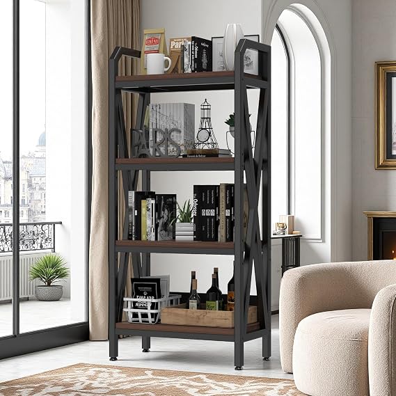 56 Tall Kitchen Metal Bakers Rack, 4-Level Bakers Rack with Storage Wooden Shelves- Space Saving Design for Kitchen, Pantry, Garage, Easy Assembly,25.60 Length BlackBrown