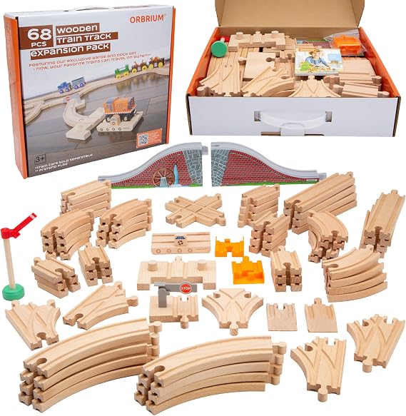 Wooden Train Tracks 68 Piece Expansion Pack Accessories with Arched Bridge, Engine Barge, Dock, Stop & Go Checkpoint, Signal Pole, Cross Track Compatible with Thomas, Brio Wooden Railways ORBRIUM