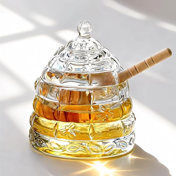 KANPURA 3.7 OZ Honey Pot with Dipper, Beehive Crystal Honey Jar with Lid | No Drip Honey Dispenser with Wooden Dippers Stick, Clear Syrup Container for Home Kitchen Decor