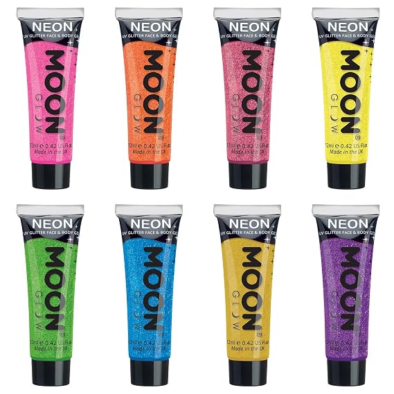Moon Glow - Blacklight UV Glitter Face & Body Gel - 12ml Set of 8 - Blacklight Face Paint - glows brightly under Blacklight