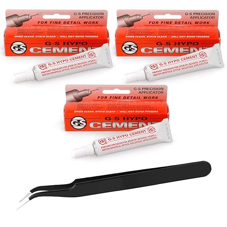 GS Hypo Cement Glue 3-Pack (9ml) with Precision Tweezers for Jewelry Making, Bead Stringing, Crafts, Watch Repair, and Model Building Fine Tip Adhesive for Precise Application