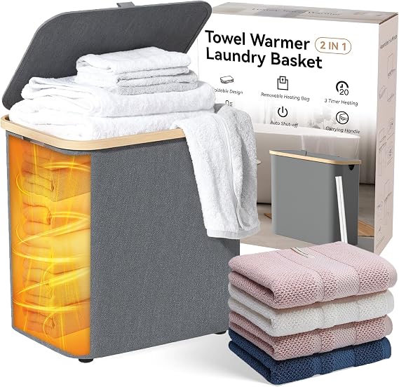2-in-1 35L Towel Warmer & 46L Laundry Basket, Foldable Towel Warmers for Bathroom, Extra Large Blanket Warmers, Auto Shut Off, Fits 3 Oversized 40"X70" Towels, Ideal