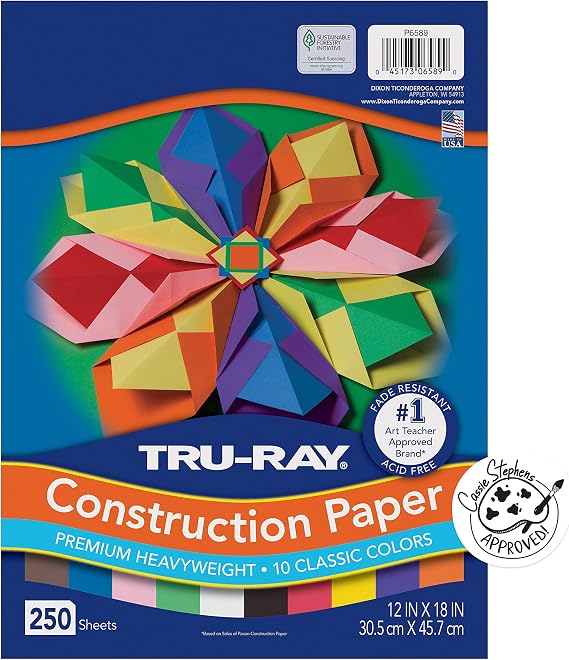 Tru-Ray PAC6589 Construction Paper Bulk Assortment, 10 Assorted Colors, 12" x 18", 250 Sheets
