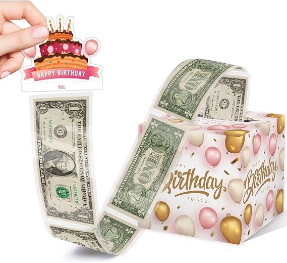 Azbuk Happy Birthday Money Box for Cash Gift Set - Included Happy Birthday Card and 35Pcs Transparent Bags, Fun Birthday Gift for Women Men, Surprise Money Box Gift with Pull, Pink