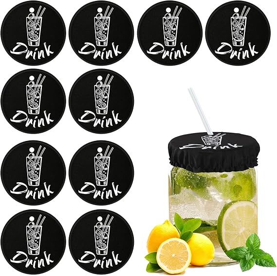 10pcs Drink Cover Scrunchies, Reusable Drink Cover for Alcohol Protection with Straw Hole Drink Cover Scrunchies for Girls Women Bar Party (Black)