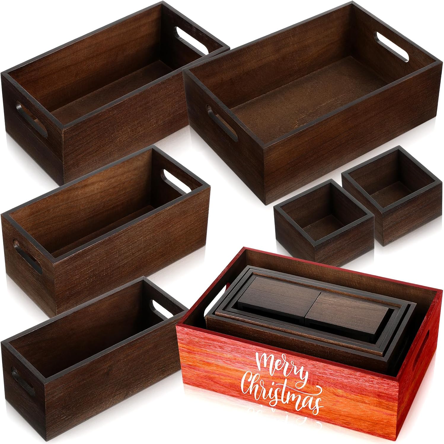 Set of 6 Wood Storage Boxes with Handles Wooden Nesting Crates Rustic Farmhouse Storage Container for DIY Crafts Party Home Table Decoration DisplayBrown