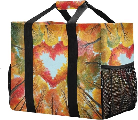 Reusable Grocery Bags Foldable Autumn Heart Sky Shopping Bags, Heavy Duty Grocery Bags with Reinforced Bottom & Handles