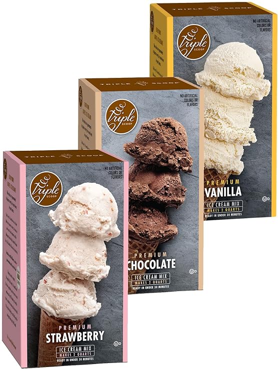 Triple Scoop Premium Ice Cream Mix, Neapolitan Combo, ice cream starter for use with home ice cream maker, no artificial flavors, ready in under 30 mins, makes 6 qts (3 15oz boxes)