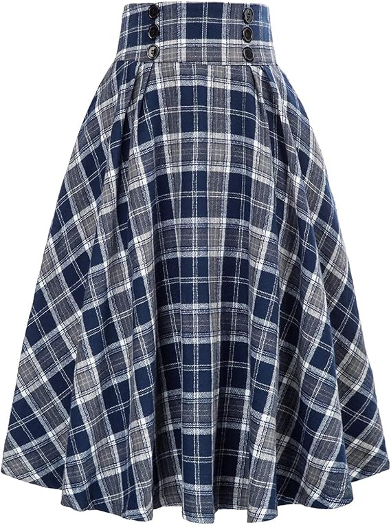 Women Midi Tartan Skirt High Waist Plaid Vintage A Line Skirt Four-Season
