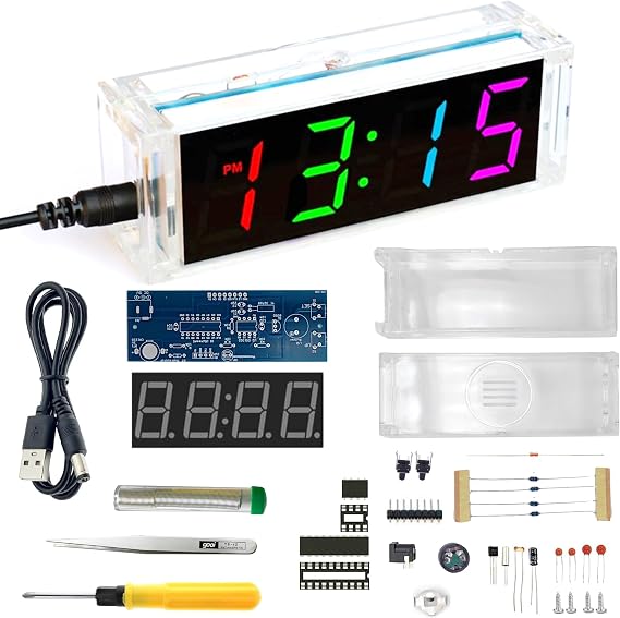 DIY Alarm Clock, Soldering Practice Kit with Solder Wire, Screwdriver, Tweezer, 4-Digit LED Digital Clock Kit