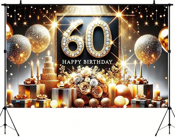 BlissYard 60th Gold Polyester Birthday Banner 71x43 Inch Party Decor | Polyester, 60th birthday theme, Happy Birthday Backdrop Banner for walls, yards, halls.