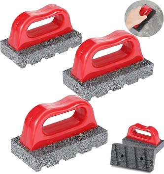 3 Pcs Rub Brick with Handle, Fluted 20-Grit Carbofrax Surface Concrete Tools Masonry Tools Smoothing Cleaning Removing Marks Tool (Red)