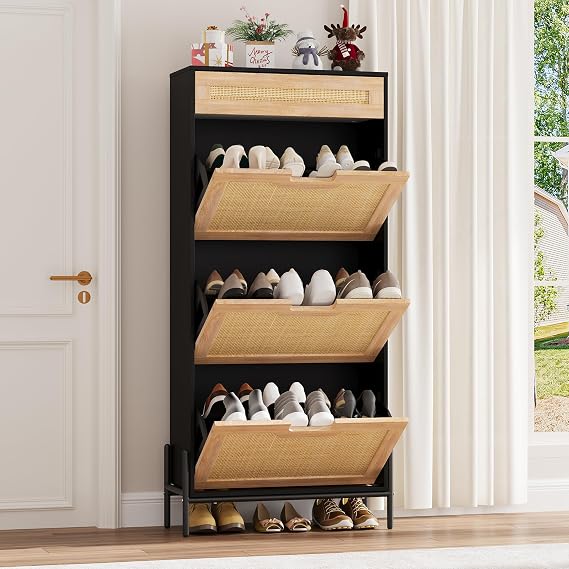 coucheta Shoe Rack Storage Organizer with Natural Rattan 2 Flip Door and 3-Tier Adjustable Shelves, Entryway Wooden Shoe Cabinet, Shoe Cabinet Organizer Freestanding for Closet, Hallway, Black