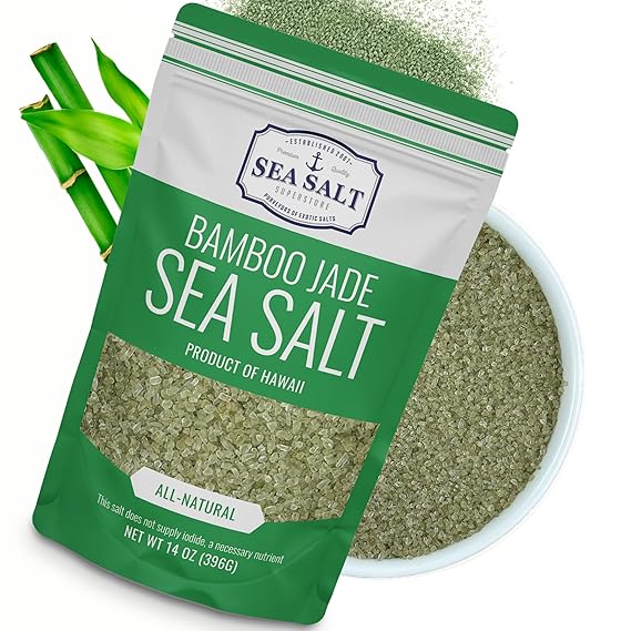 Hawaiian Bamboo Jade Sea Salt Green Fine Sea Salt Infused with Real Bamboo Leaf Extract For Finishing, Grilling & Seasoning 14 oz Bag