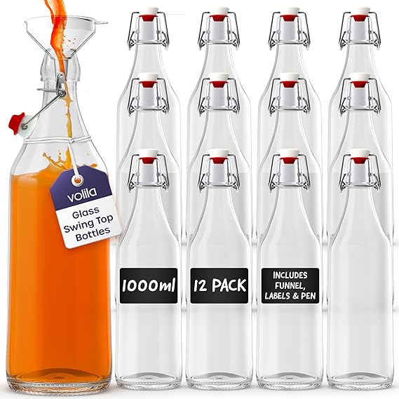 volila 1L Flip Top Bottles with Stoppers - 1000ml Clear Swing Top Bottles for Homebrewing and Beverages - with Leak Proof Caps, Labels, Pen and Funnel (12 Pack)