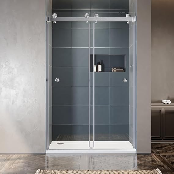 50"- 55" W x 76" H Frameless Double Sliding Shower Door | Stainless Steel Bypass Shower Door in Brushed Nickel with 3/8" (10mm) Certified Tempered Clear Glass UKD01-5576-FF-BN