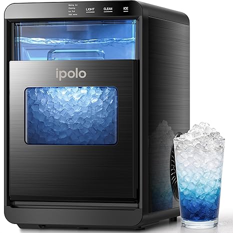 Nugget Ice Maker Countertop, 44 lb/Day, Chewable Ice, Self-Cleaning | Brushed Black Stainless Steel, TDS Pen, Stainless Steel Ice Scoop with Hook, Soft Pebble Ice for Home Kitchen, Office & RV