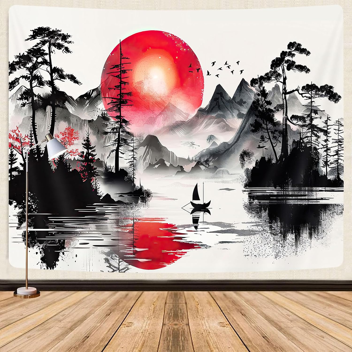 Japanese Red and Black Forest Tapestry, Anime Mountain Tree Sun Aesthetic Tapestry Wall Hanging for Men, Cool Asian Dark Nature Landscape Tapestries Ink Art Decor for Living Room College Dorm, 80X60IN