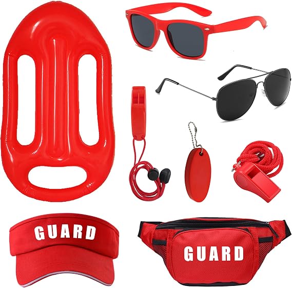 GIFIKOI 8Pcs Guard Costume Set for Women Men Fanny Pack Whistle Lifeguard Guard Accessories Set for Halloween Party Dress Up