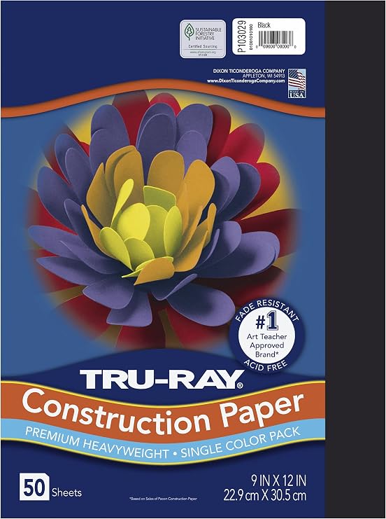 Pacon Tru-Ray Heavyweight Construction Paper, Black, 9" x 12", 50 Sheets, Sulphite Construction Paper