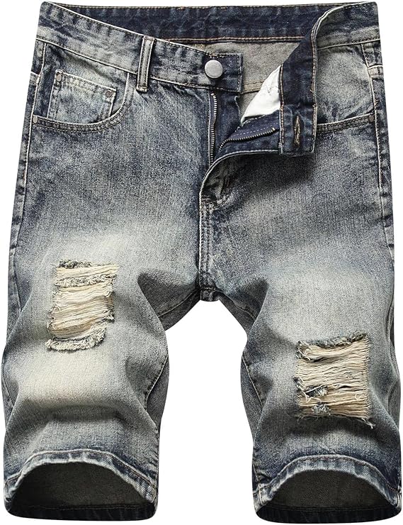 Men's Jean Shorts Distressed Straight Fit Ripped Denim Shorts with Broken Hole Causal Summer Work Linen Shorts