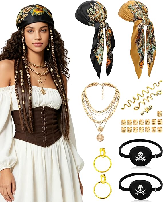 Pirate Accessories Set for Women, 25PCS Pirate Costume Kit with Scarves Eye Patches for Halloween Cosplay Fair