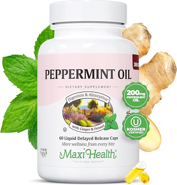 Maxi Health Peppermint Oil Capsules with Ginger & Fennel (60 Capsules) | Kosher, Enteric-Coated Peppermint Oil Capsules, Ginger & Fennel Oils for Digestive Comfort, Doctor Formulated