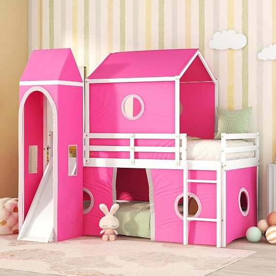 Twin Loft Bed with Slide and Tent, House Loft Bed with Tower and Ladder, Wood Kids Loft Bed Playhouse Bed Frame for Boys Girls Teens, Pink