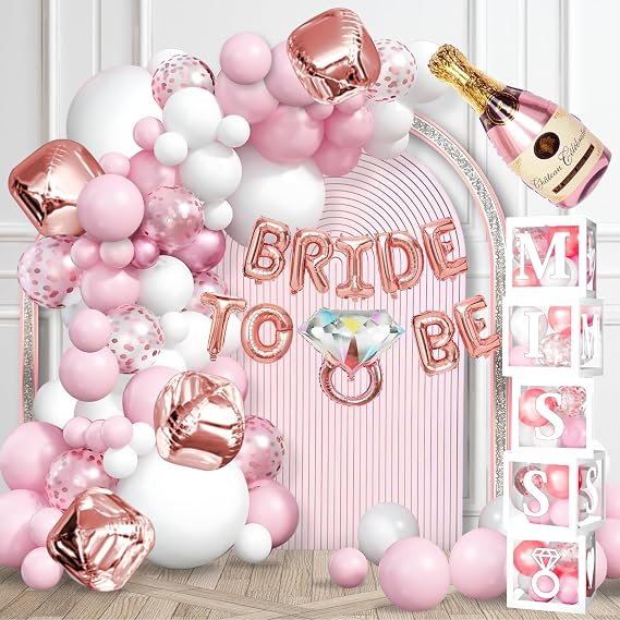 188 Pc Pink Bridal Shower Decorations Balloon Arch, Boxes & A-Z Letters | Complete kit with balloons, banners, backdrops, photo booth props, garland, sash, cake topper, elegant pink and neutral decor