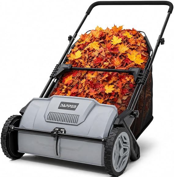 Dapper Supply 21" Push Lawn Sweeper (Also 22" & 26"), Leaf & Grass Collector, 3.5 Cu Ft Non-Woven Bag, Tool-Free Height Adjust, Folds for Wall Storage