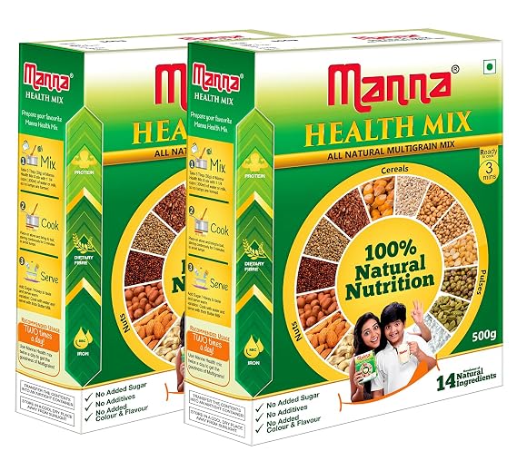 Manna Health Mix | 100% Natural Multigrain Nutrition Drink for Kids | Multi Millet Health Drink Mix Powder 1kg (500g x 2 Packs) | 14 Natural Ingredients