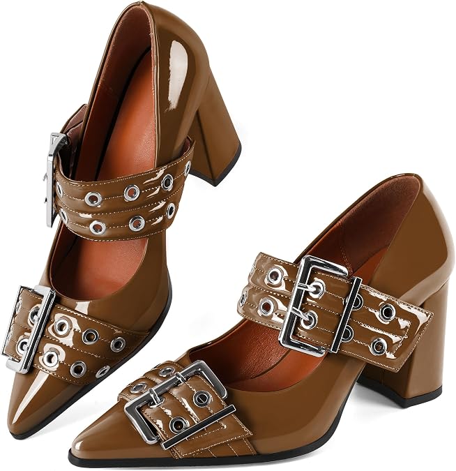 Zamikoo Women Mary Janes Chunky Heel Pumps Shoes Closed Pointed Toe Buckle Strap Slip On High Heels Dressy 3.5 Inches
