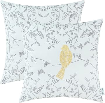 CaliTime Throw Pillow Cases Pack of 2 Cotton Vintage Compass Geometric Floral Embroidered Decorative Cushion Covers for Couch Bed Sofa Farmhouse Decoration 18 X 18 Inches Turquoise Gold Gray
