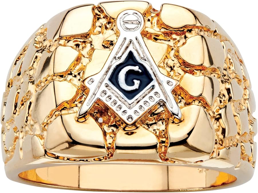 PalmBeach Men's Yellow Gold-Plated Masonic Insignia Nugget Ring Sizes 8-14