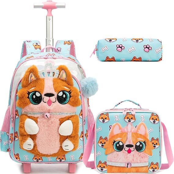 Rolling Backpack for Girls Kids,Cute 3D Dog Wheeled School Bag with Lunch Box & Pencil Case,Lightweight Elementary Trolley Backpack