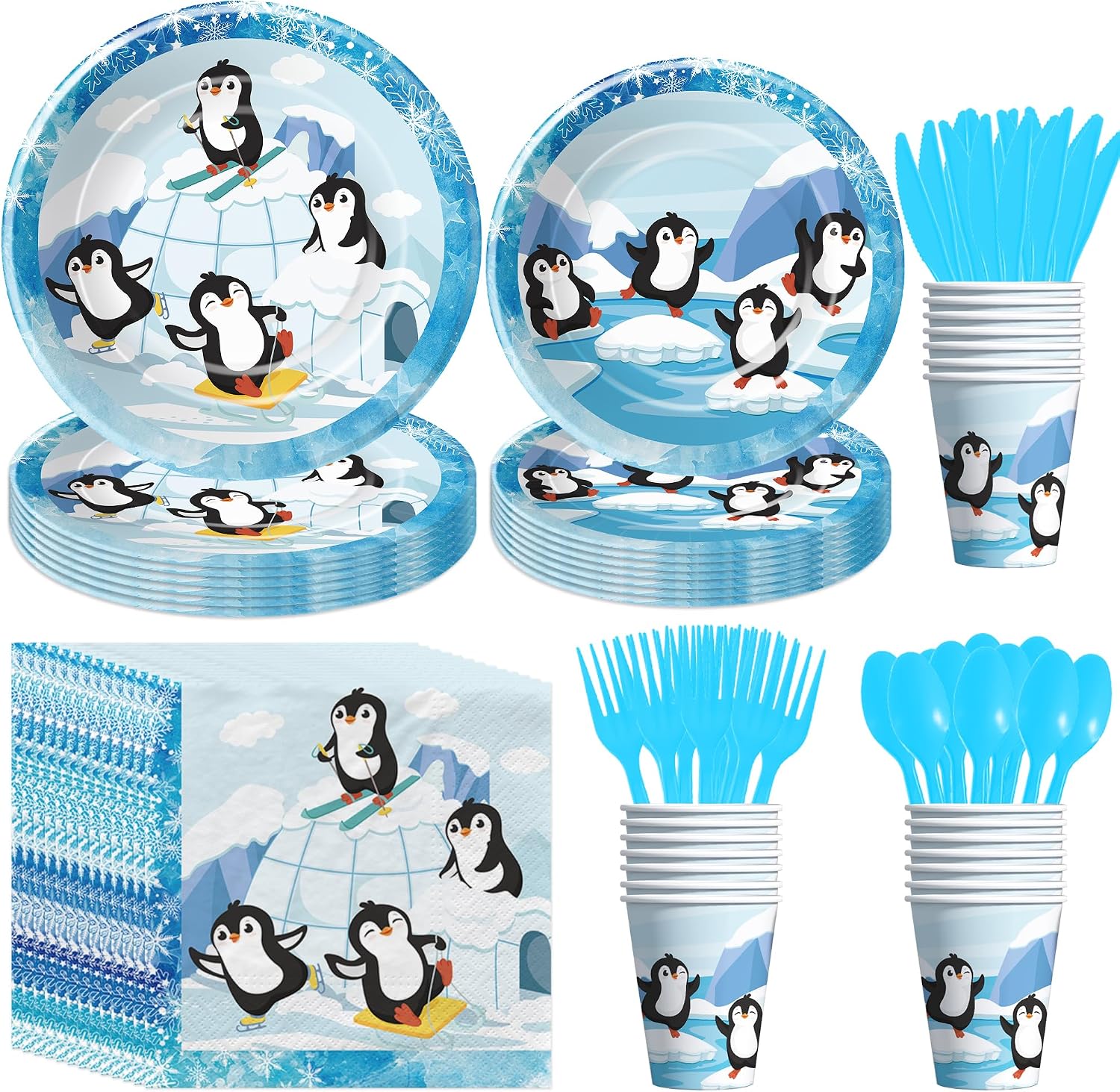 Penguin Birthday Decorations Party Tableware - Winter Penguin Party Supplies for Birthday Baby Shower, Paper Plate, Cup, Napkin, Disposable Cutlery | Serves 24