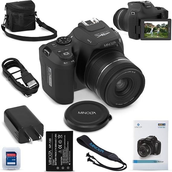 Minolta 64MP Digital Camera 10x Optical Zoom, 4K Ultra HD Video, Macro Shooting, Anti-Shake, 3-inch LCD Screen, Face Detection Includes 32GB SD Card, Battery & Case (Black)
