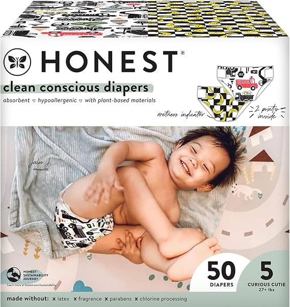 The Honest Company Comfort Dry Disposable Diapers, Plant-Based Sustainable Big Trucks and So Bananas Club Box Size 5 27and lbs 50 Count