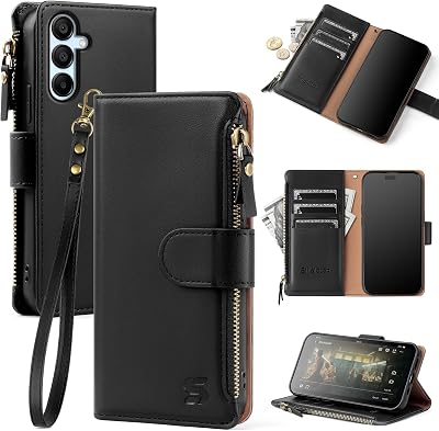 Compatible with Samsung Galaxy A15 5G Wallet Case with Card Holder,PU Leather Phone Case Flip Protective Cover Wrist Strap Zipper Pocket Credit Card Slots RFID Blocking Women Men,Black