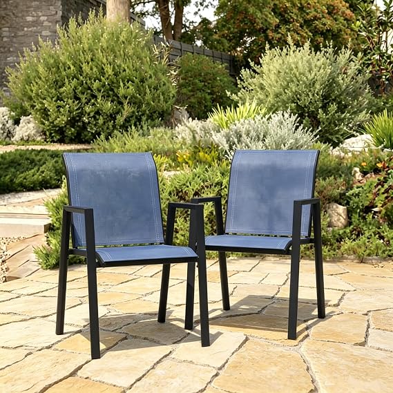 Stackable Patio Chairs Set of 2, Outdoor Dining Chairs with High Back & Metal Frame, Lightweight Sling Chair for Lawn Garden Deck, Blue