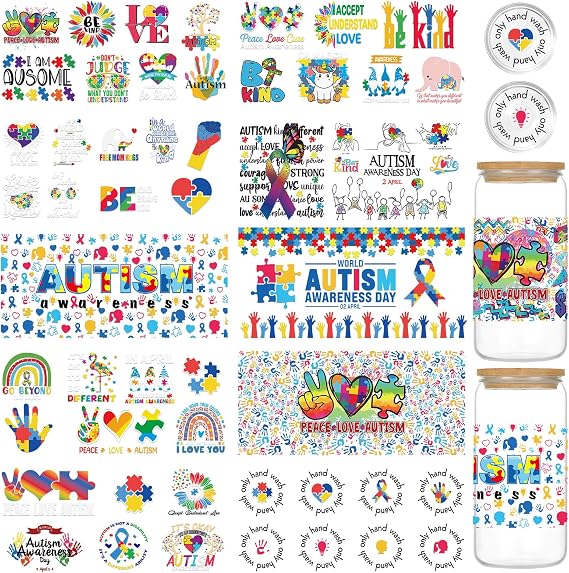 UV DTF Transfer Cup Sticker - 10 Sheets Autism Awareness UV DTF Cup Wraps for 16 oz Glass Cups, Waterproof Autism Colorful UV DTF Transfer Stickers, Personalized DIY Water Bottle Decals Crafts Gifts