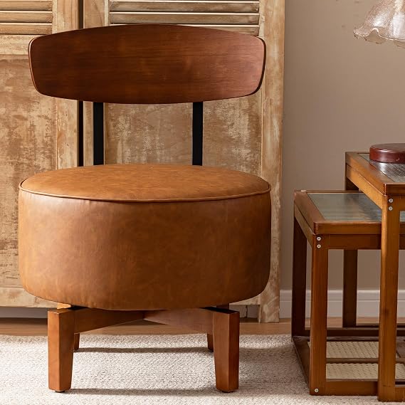 Swivel Accent Chair Living Room Vanity Chair with Back, Cognac Brown | Comfortable Armless Round Mid Century Modern Faux Leather Chair with Solid Wood Legs Linen Upholstery for Bedroom Office