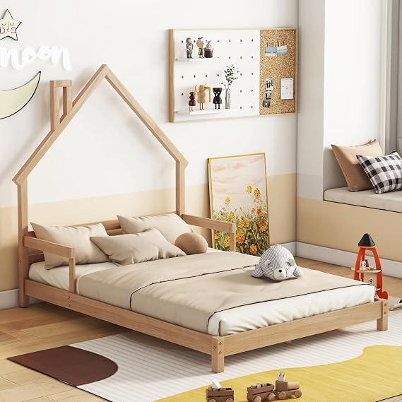 Full Size Bed Frame for Kids,House-Shaped Headboard Kids Bed,Girls Bed with Handrails,Low Platform Bed for Boys Girls,No Box Spring Needed(Natural)