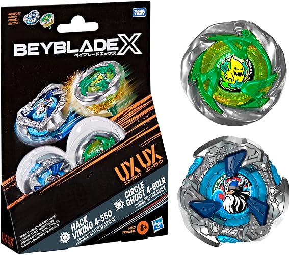 Beyblade X Circle Ghost 4-60LR UX & Hack Viking 4-55O UX Takara Tomy Dual Pack Set with 2 Right-Spinning Tops, Battling Tops Game Toys, Ages 8+