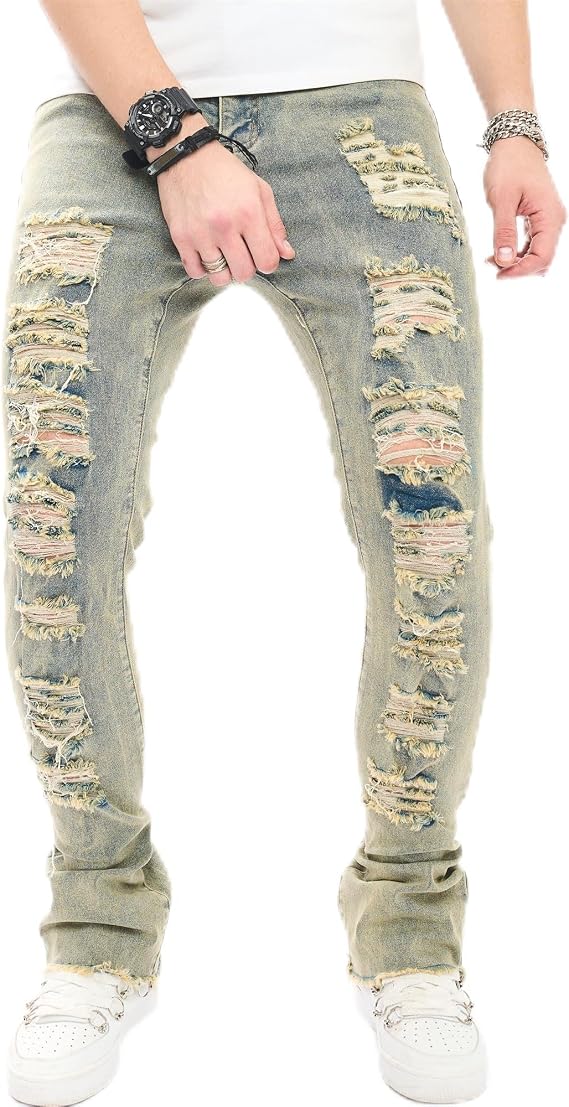 Men's Stacked Jeans Skinny Fit Stretch Jeans Patched Side Striped Straight Leg Denim Male Pants