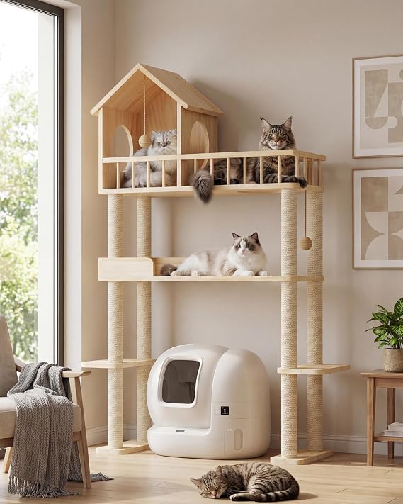Wood Cat Tower for Automatic Litter Box, 4 Tier Cat Tree, 60 Inch | Multi-Level Solid Wood Cat Tree for Indoor Large Cats, Tall Cats Scratching Post Furniture w/Cats House, Burlywood