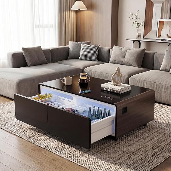 LIVTAB Smart Coffee Table, 27.8" D x 51" W x 18.1" H, Living Room Table with Built in Fridge and Speakers, Smart Table with 15W Wireless Charging, USB Chargers and 110V Outlets (Brown)