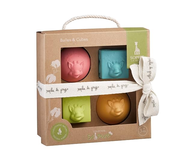 Sophie la girafe SoPure Cubes & Balls, Natural Rubber Baby Sensory Toy Set, 4 Lightweight Balls, Easy to Grasp for Early Development & Sensory Play