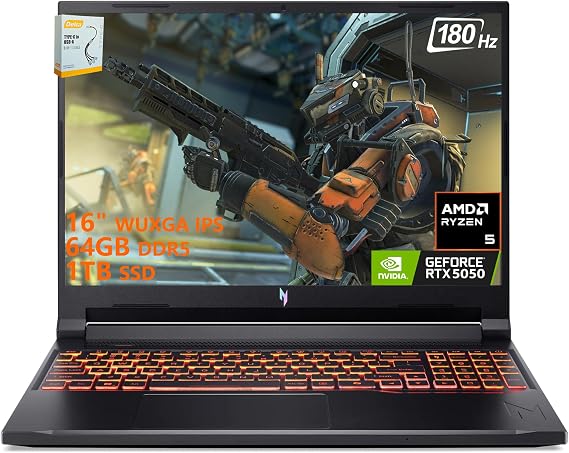 Acer Nitro V 16 AI Gaming Laptop | 16" WUXGA IPS 180Hz | AMD 6-Core Ryzen 5 240 | 64GB DDR5 1TB SSD | GeForce RTX 5050 8GB DLSS4 (Up to 440 AI Tops) | Backlit Keyboard Win11 w/DLCA Accessory