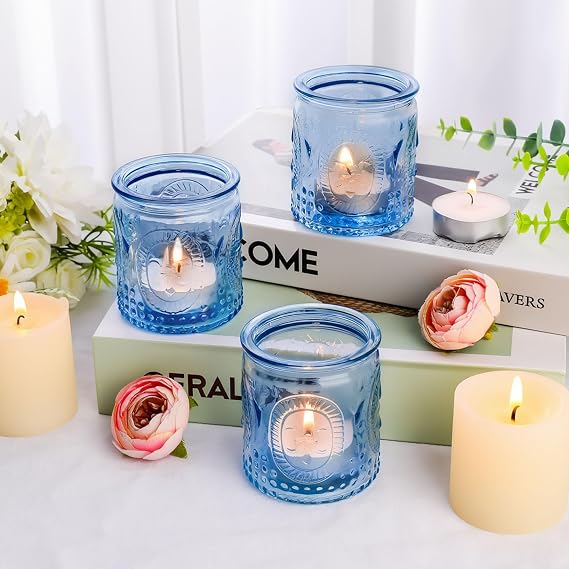12Pcs Glass Tea Light Candle Holders,6.6cm x 5.8cm Vintage Candle Jar, Coloured Tealight Holders, Votive Candle for Indoor, Outdoor, Garden, Dinner, Church, Weddings, Home Décor, Gifts (Light Blue)